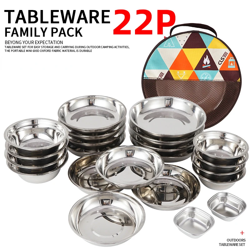 Camping Cooking Dining Set - 22点セットの携帯用キャンプ食器セット。屋外バーベキュー、車中泊、家庭での料理に最適な、スープ鍋、ボウル、皿のセット。