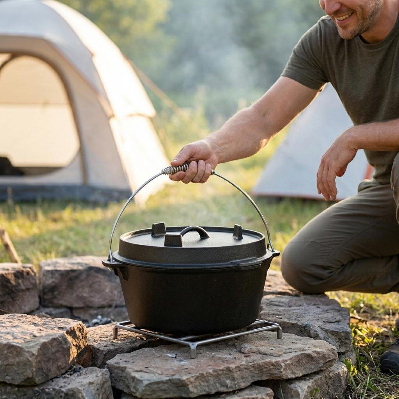 Camp Dutch Oven Cast - 屋外用鋳鉄製ダッチオーブン（無塗装）キャンプ用シチューポット、ハイキングやピクニック用ポータブルBBQクッカー
