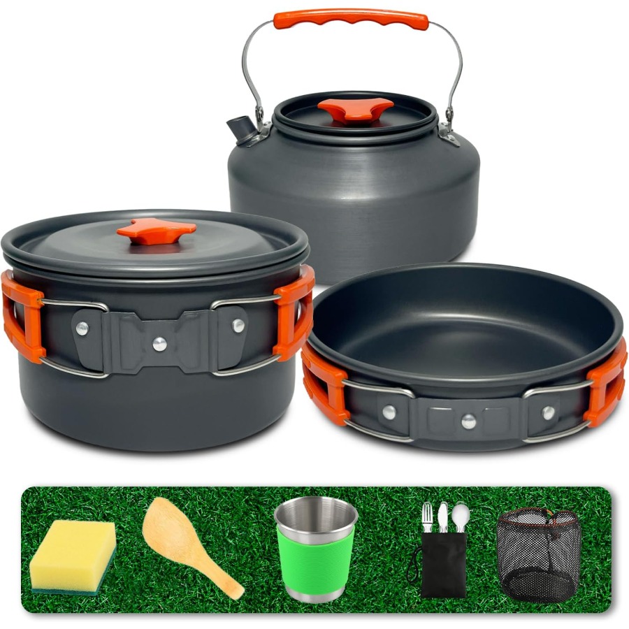 Camping Hiking Cooking - キャンプ用調理器具セット：35オンスの焦げ付き防止加工鍋＋59オンスのフライパン、13点セットの超軽量ネスト式調理器具。バックパッキング、ハイキング、アウトドアでの調理に最適。