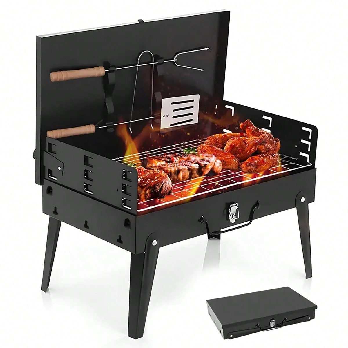 Camping Hiking Cooking - 小型の携帯用炭火焼きグリル1台。折りたたみ式で、バーベキュー用具が付属。屋外での料理、キャンプ、ハイキング、ピクニック、テールゲートパーティー、裏庭でのパーティーなどに最適。