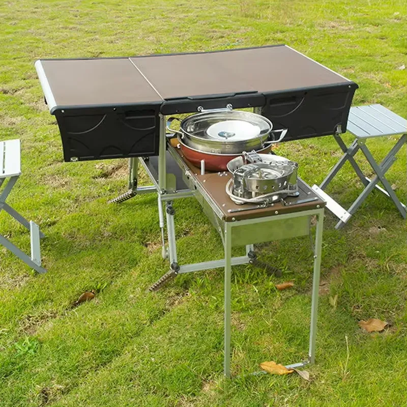 Camping Cooking Dining Set - ポータブル屋外折りたたみ式フードトレーラー、モバイルキッチン、折りたたみ式調理グリル、ダイニングBBQ、ピクニックテーブルと椅子セット（キャンプ用）