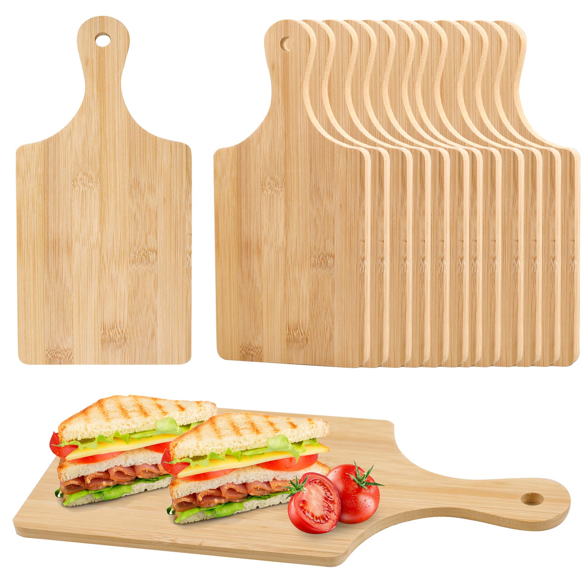 Camping Hiking Cooking - キャンプ用調理器具セット。竹製のまな板12枚入り。持ち手付きの木製まな板で、アウトドアでの料理、バーベキュー、ピクニックに最適。サイズ：11 x 5。